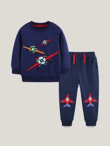 Vêtements De Sport En Coton Bleu Marine Pour Petits Garçons Broderie Avion Sweat À Capuche Pullover Et Pantalon De Jogging