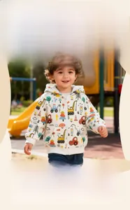 Breathable cotton hoody for boys with cartoon excavator and construction car prints