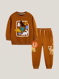 Boys Dinosaur Embroidered Cotton Long Sleeve Hoodie And Pants Sportswear Casual Outfit Toddler Activewear Spring Autumn