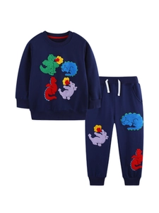 Boys navy blue sweatshirt set with colorful 3D dinosaur embroidery and joggers