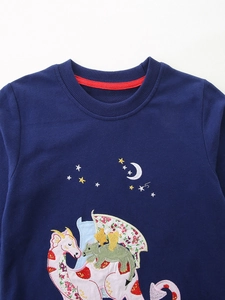 Navy blue girls sweatshirt featuring cute dinosaur applique and moon embroidery