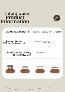 Detailed size chart and fabric specifications for cotton blend kids sweatshirt set