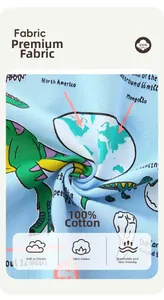 Detail showing soft 100% cotton fabric with dinosaur world map print for kids' tees