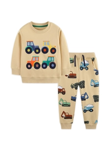 Beige toddler track suit featuring cartoon tractor embroidery and truck print joggers
