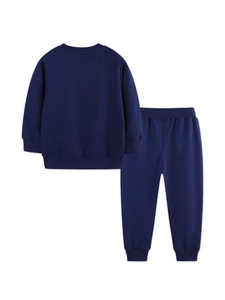 Boys navy blue cotton tracksuit featuring long sleeve crewneck sweatshirt and joggers