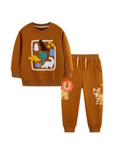 Ginger yellow kids hoodie set with 3D dinosaur embroidery and jogger pants for autumn