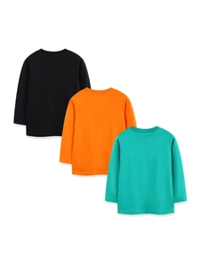 Three-pack long-sleeve cotton dinosaur t-shirts for boys in black, orange, and green colors