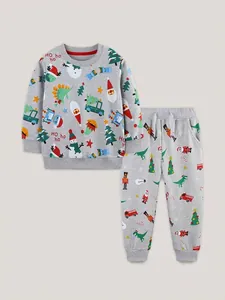Ensemble Sweat-shirt de Noël en Coton pour Enfants Manches Longues Imprimé Dinosaure Dessin Animé Père Noël Haut Et Pantalon pour Filles