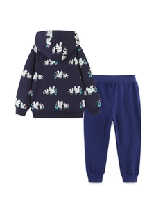 Boys navy blue hoodie set with cartoon squirrel prints and matching cotton joggers