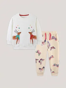 Sweat-shirt à Broderie de Renne de Noël Pour Filles Et Pantalon à Imprimé Papillon En Coton Tenue d'automne Décontractée