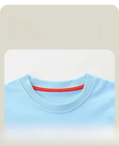 Close-up of crew neck with red reinforcement tape and dinosaur text print on blue t-shirt