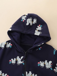 Dark blue toddler hooded zip-up sweatshirt with cute cartoon squirrel and floral print