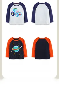 Détails avant et arrière de t-shirts enfants à manches raglan avec motifs tracteur et espace