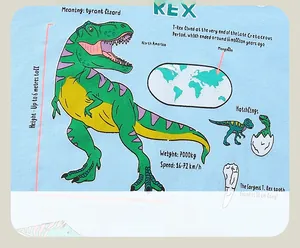 Detail of T-Rex educational print on a blue long sleeve shirt for kids showing facts