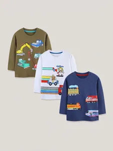 Boys 3-Piece Cotton Long Sleeve T-Shirt Set Cartoon Car Vehicle Print Round Neck Pullover Children Autumn Casual Top