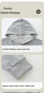Detail of gray kids hoodie with ribbed elastic cuffs and knitted hood design