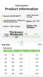 Size chart for cotton short sleeve cartoon t-shirt and shorts set for boys aged 2-7