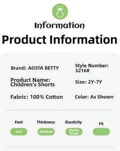 Size chart for 100% cotton kids shorts showing fabric specs and measurements for ages 2Y-7Y