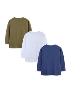 Three-pack kids long-sleeve cotton T-shirts in olive, white, and navy blue classic colors