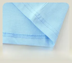 Close-up of light blue T-shirt hem with professional double-needle stitching detail