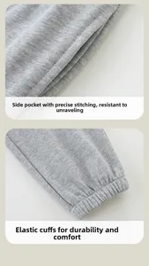 Detail of grey knitted cotton kids joggers showing side pockets and elastic ribbed cuffs