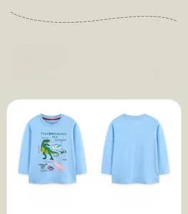 Detail of light blue cotton T-shirt featuring a Tyrannosaurus Rex print and red neck piping