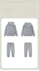 Detailed front and back views of dark grey kids' hooded sweatshirt and jogger set