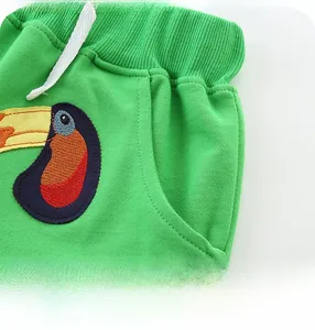 Detail of green boys shorts with elastic waist, white drawstring and toucan embroidery