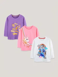 Pack de T-Shirts à Manches Longues en Coton pour Filles Ensemble Imprimé Licorne de Dessin Animé Col Rond Tops Multicolore Casual