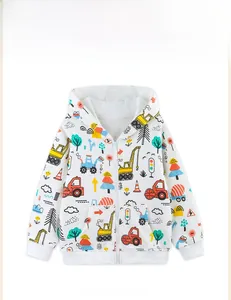 Close-up of boys' white hoodie featuring colorful cartoon excavators and mesh-lined hood