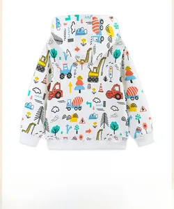 Detail view of the back of a kids excavator print hoodie with white ribbed cuffs