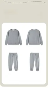 Front and back view of gray knitted cotton sweatshirt and drawstring pants set for kids