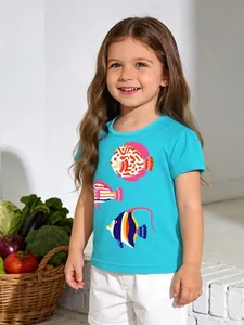 Maglietta a Maniche Corte in Cotone Estiva per Bambina Stampa Pesci Tropicali Girocollo Blu Lago Casual Top Bambini