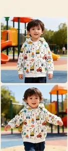 Detail of boys zipper hoodie featuring colorful cartoon construction vehicle patterns