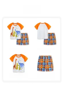 Detail of boys' summer set showing cartoon animal print and colorful plaid shorts