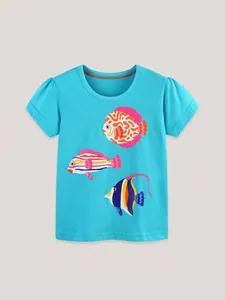 T-shirt blu in cotone per bambine con stampa di pesci tropicali colorati e girocollo