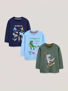 Boys Long Sleeve Cotton T-Shirt Dinosaur Space Astronomy Theme Printed Crew Neck Casual Triple Color Pullover Top For Autumn