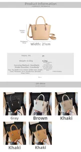 Detailed size chart and multi-color options for the mini PU leather bucket handbag