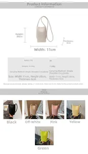 Detailed size chart and multi-color options for minimalist PU leather crossbody mobile bag