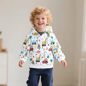 Boys Cartoon Engineering Vehicle Print Hooded Jacket Cotton Blend Toddler Zipper Coat Fall Winter Outerwear Casual Boys Clothing