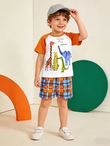 Boys Summer Cotton T-Shirt And Plaid Shorts Two Piece Set Cartoon Animal Print Raglan Sleeve Casual Kids Clothes Outfit