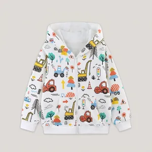 White hooded zip-up jacket for boys featuring colorful cartoon construction vehicle prints