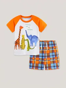 Boys summer cotton set with cartoon animal t-shirt and orange plaid shorts