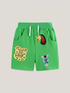 Green cotton kids shorts featuring elastic waistband and animal embroidery patches