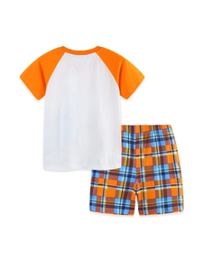 Boys' summer outfit set featuring an orange raglan sleeve t-shirt and plaid shorts