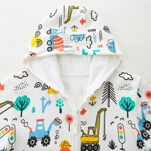 Toddler boy's hooded jacket with colorful excavator and crane prints on white fabric
