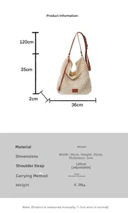 Detailed size chart of beige woven tote bag with 36x35cm dimensions and strap length