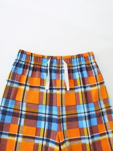 Boys short sleeve T-shirt set with orange and blue plaid shorts featuring elastic waist