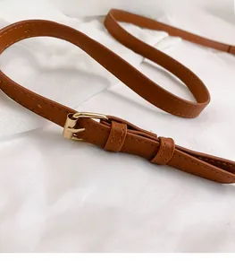 Detail of a thin brown leather belt featuring a polished gold buckle and neat stitching