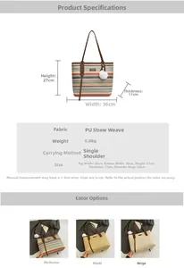 Detailed size specifications for bohemian straw tote bag with PU leather patchwork